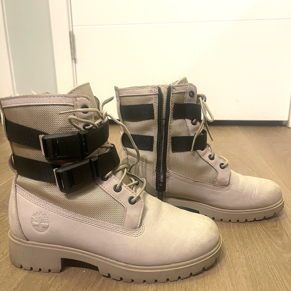 Timberland Women's Beige Combat Boots with Black Straps